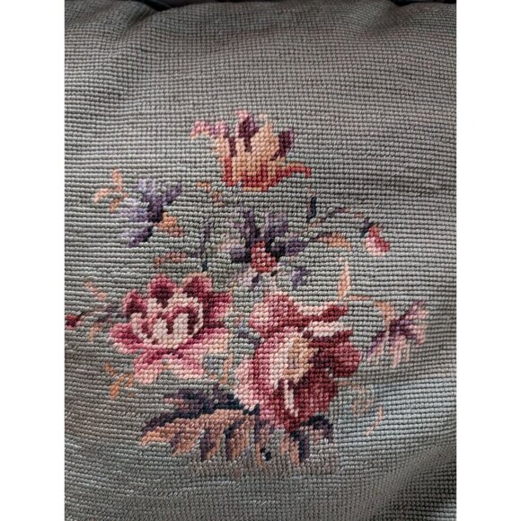 Vintage Needlepoint Floral Throw Pillow 16x16 Inches Green Velvet Back Zipper Cl - Picture 3 of 7